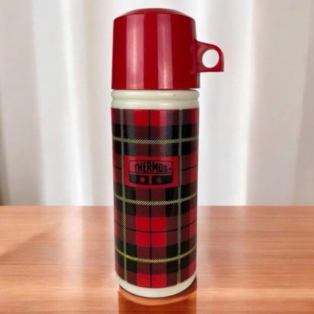 Avon Red Plaid Thermos Decanter 3 OZ Glass Bottle Vintage Collectible 1979